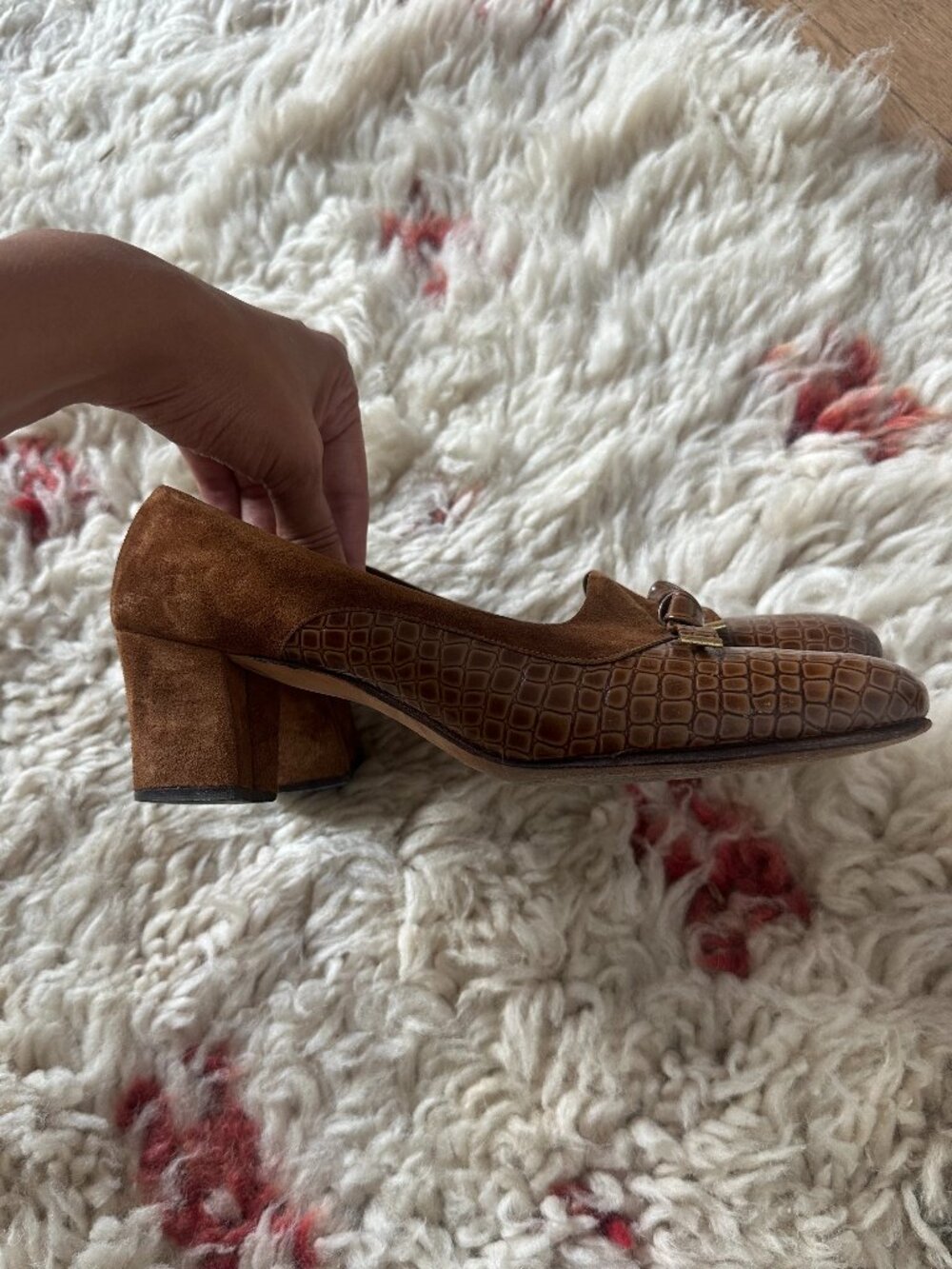 Vintage Florsheim Rambler Block Heels Brown Embossed Leather Suede Pumps Sz 6.5